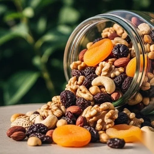 Frasco de vidrio volcado con mix de frutos secos y frutas desecadas